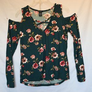 teal/green flowy floral shirt - 3/4 sleeve w/ shoulder cut out - XL - Rue 21